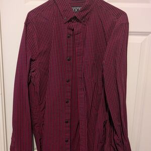 Men's Maroon and Black Small Check Button-Up Shirt